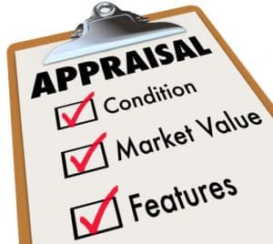 Appraisal word on a clipboard checklist with major assessment factors including condition, market value and features