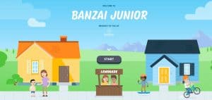 Picture of cartoon neighborhood with Banzai Junior logo