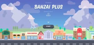 Picture of cartoon downtown stores with Banzai Plus logo