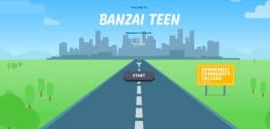 Picture of cartoon highway leading into a city with Banzai Teen logo