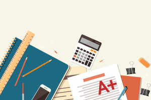 Image of school supplies, pencils, notebooks, erasers, calculator.