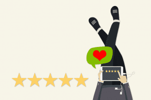 Cartoon person leaving five star review on a tablet