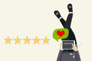 Cartoon person leaving five star review on a tablet