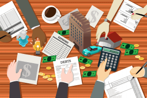 Illustration of hands holding various financial documents; expenses, calculators, money, and other papers.