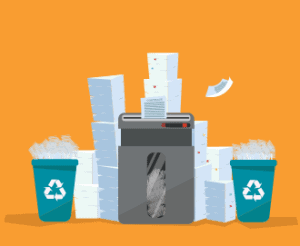 Image of recycling bins, stacks of paper, and shredding machine