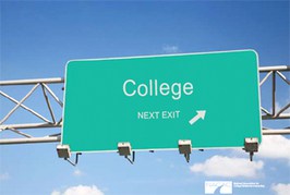 Highway exit sign that states College Next