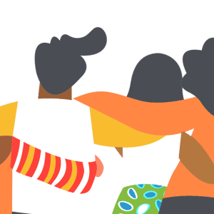diverse group of people in a carton-style drawing with arms linked