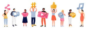 illustration of people holding up social media icons