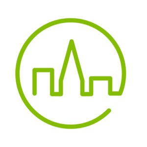 Main Street Bank circular icon with abstract cityscape in the center in green color