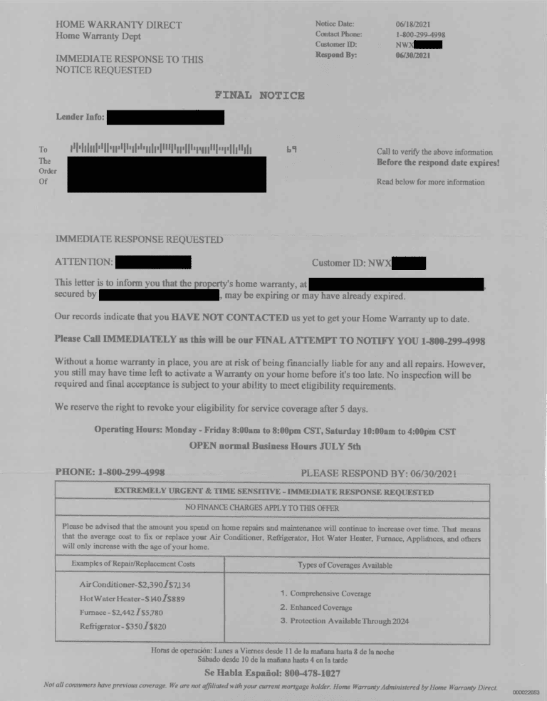 Home Warranty Scam Letters Main Street Bank