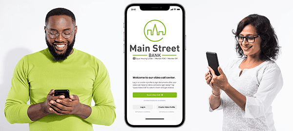 Man and woman using mobile app and screen shot of Main Street Video Connect on a smartphone screen