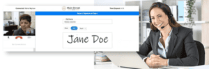 Screenshot of customer and banker using Video Connect and digitally signing a document.