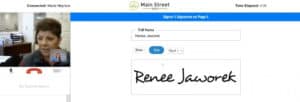 Screenshot of customer and banker using Video Connect and digitally signing a document.
