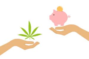 cannabis and money change concept with human hands vector illustration