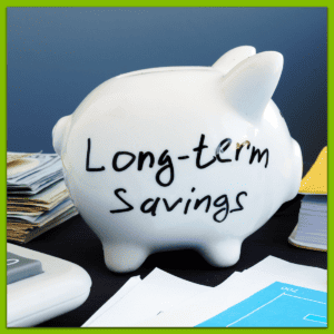 a white piggy bank with "long-term savings" written on it