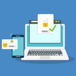 Image of laptop with secure login and smartphone with multifactor authentication process