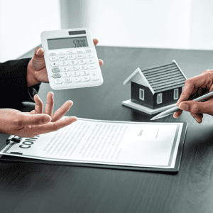 Person holding a calculator real estate contract theme