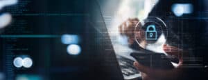 Cyber security network and data protection. Businessman using computer protecting business and financial data with virtual network connection, smart solution from cyber attack, innovation technology