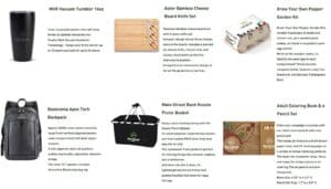 Images of the referral program gift choices, including: MIIR Vacuum Tumbler 16oz; Astor Bamboo Cheese Board Knife Set; Grow Your Own Pepper Garden Kit; Basecamp Apex Tech Backpack; Main Street Bank Koozie Picnic Basket; Adult Coloring Book & 6 Pencil Set